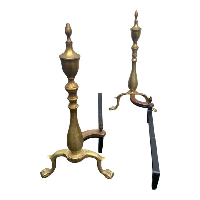 Chippendale Pair 1920s Vintage Brass Andirons Chippendale Claw Ball Feet Fireplace For Sale - Image 3 of 18