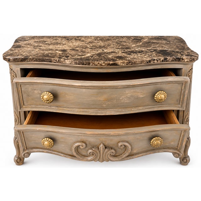 French Marble Top Commode – Hand Carved Walnut & Gold Patina Chest For Sale - Image 4 of 9