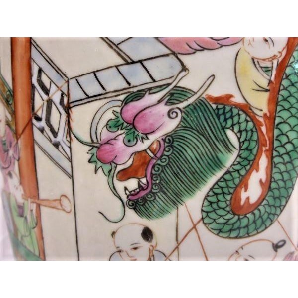 Ceramic 1970s Classic Chinese Hand Painted Vase 100 Kids Playing in Temple Garden For Sale - Image 7 of 10