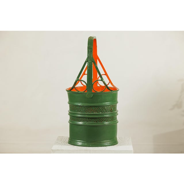 Antique Lacquered Metal Basket with Openwork Design in Green and Orange Finish For Sale - Image 4 of 18