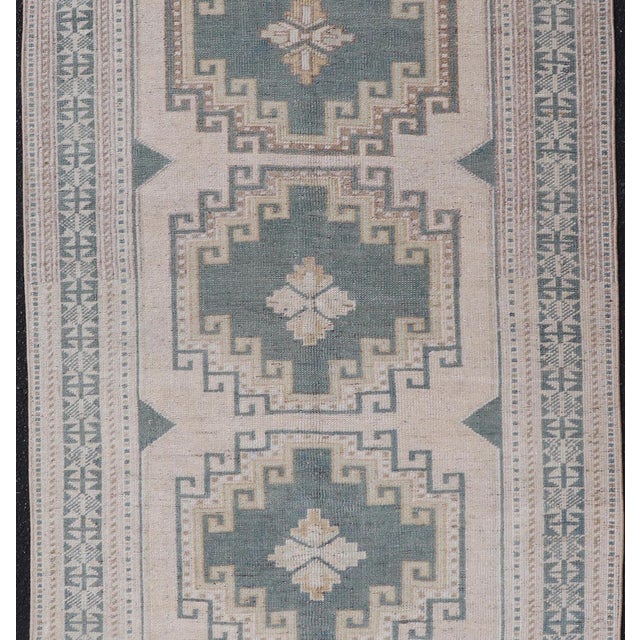 Textile Vintage Turkish Oushak Rug With Geometric Medallions in Soft Green For Sale - Image 7 of 10