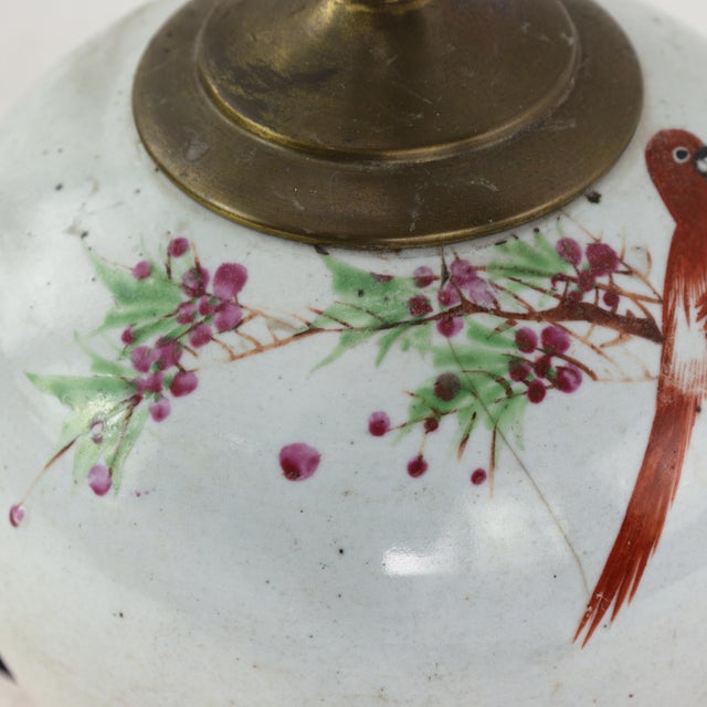 Famille Rose Antique Porcelain Vase Table Lamp With Bird and Peony Motif on Wood Base For Sale - Image 11 of 13