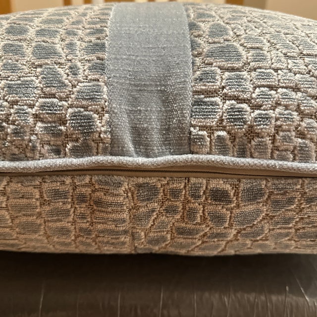 Handcrafted decorative pillow case, blue pebbles velvet with 3 solid blue velvet stripes and welting, with invisible...