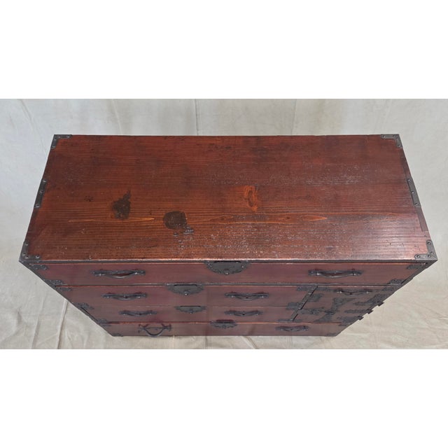 Antique Early 1900s Meiji Period Japanese Pine/Elm Tansu Chest With Iron Hardware For Sale - Image 9 of 16
