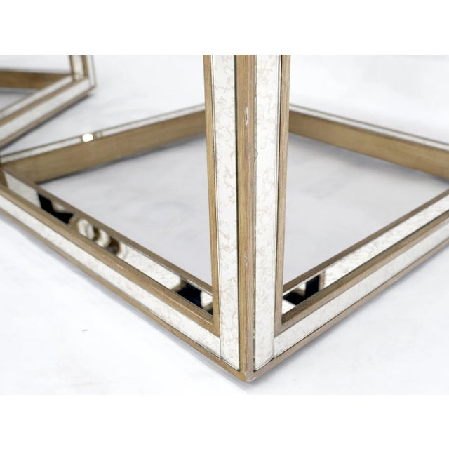 Mid-Century Modern Pair of Greek Motive Square Bevelled Mirrors Mirrored End Tables Nightstands For Sale - Image 3 of 13