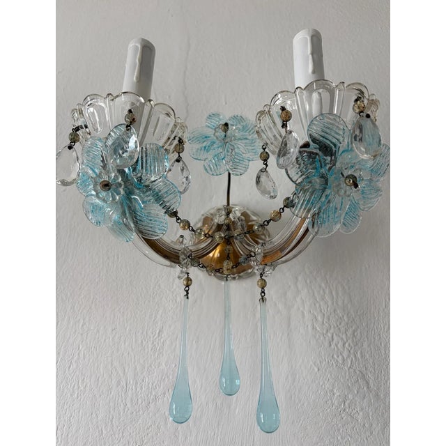 Glass C 1930 Aqua Blue Murano Flowers & Drops Crystal Prisms Sconces One of a Kind For Sale - Image 7 of 11