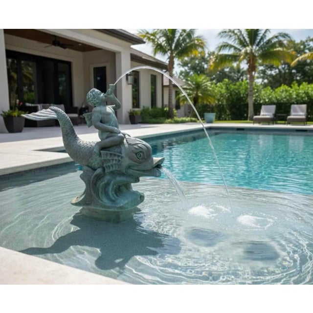 Metal 1970s Large Classical Verdigris Bronze Cherub & Dolphin Fountain For Sale - Image 7 of 12