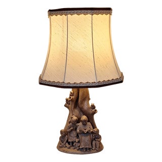 Vintage Figurative Table Lamp in Brown Ceramic with Original Fabric Shade, 1980s For Sale
