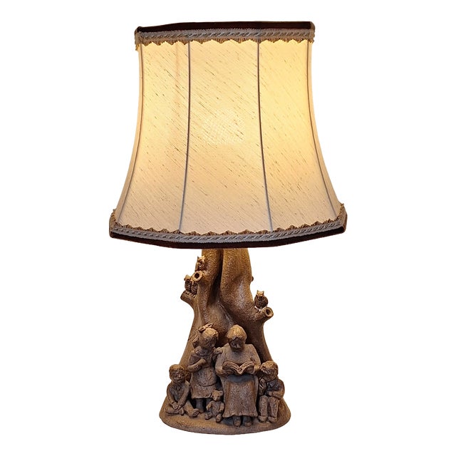 Vintage Figurative Table Lamp in Brown Ceramic with Original Fabric Shade, 1980s For Sale