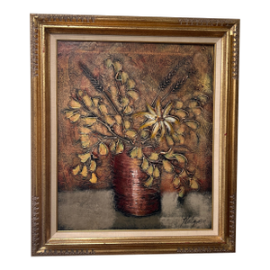 Mid Century Modern Textured Painting of Floral Arrangement in Vase Artist Signed Framed
