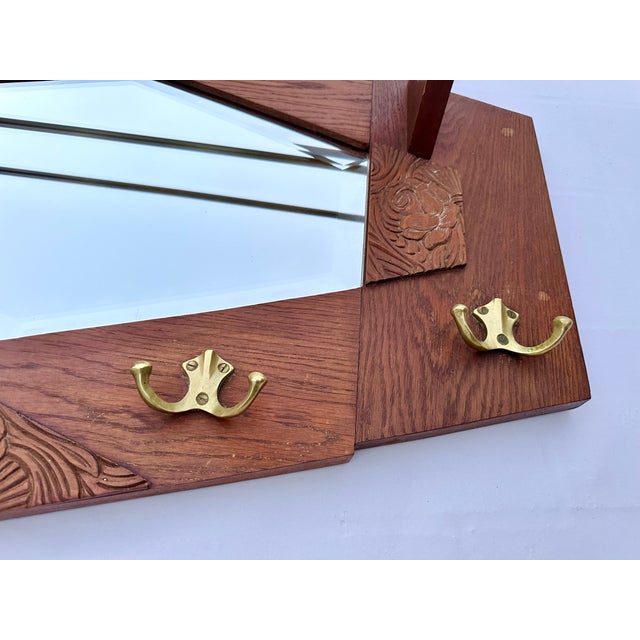 Antique French Hallway Rack in Carved Wood with Mirror, Hat Shelf and Brass Hooks, 1890s For Sale - Image 6 of 8