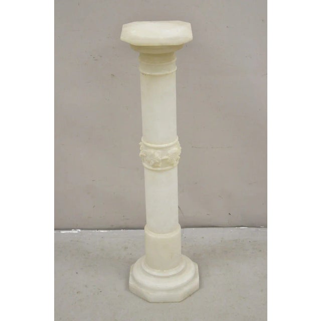 Antique Italian Carved Alabaster Maple Leaf Classical Pedestal Column Stand. Circa Early 1900s. Measurements: 39.5" H Top:...