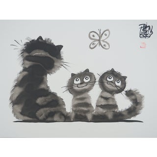 Laszlo Tibay, Maman chat et ses chatons distraits, Ink & Wash Drawing For Sale