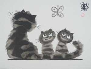 Laszlo Tibay, Maman chat et ses chatons distraits, Ink & Wash Drawing