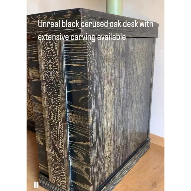 1940s Mid Century Vintage Bauhaus Arts + Crafts Black Cerused Oak With Stylized Botanical Hand Carved Pillar and Pulls For Sale - Image 10 of 12