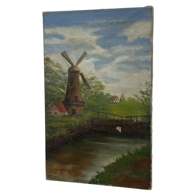 Rustic Vintage Windmill Landscape Oil Painting on Canvas, Signed, Rustic Countryside Scene. For Sale - Image 3 of 10