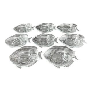 1960s Vintage Mid Century Crystal Fish Appetizer Snack Plates, Set of 8 For Sale