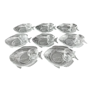 1960s Vintage Mid Century Crystal Fish Appetizer Snack Plates, Set of 8