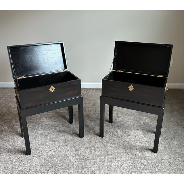 Elegant pair of John-Richard storage side tables featuring removable chest-form cases resting on clean-lined stands....