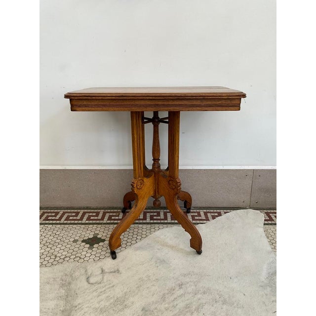 Antique Victorian Carved Quarter Sawn Oak Parlor Table on Casters, Eastlake Style For Sale - Image 12 of 18