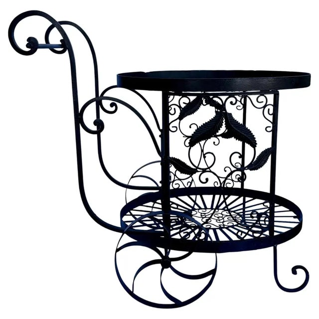 Italian Two Tier Wrought Iron Console Table Bar Cart Form Salterini Italian Scrollwork For Sale - Image 3 of 16