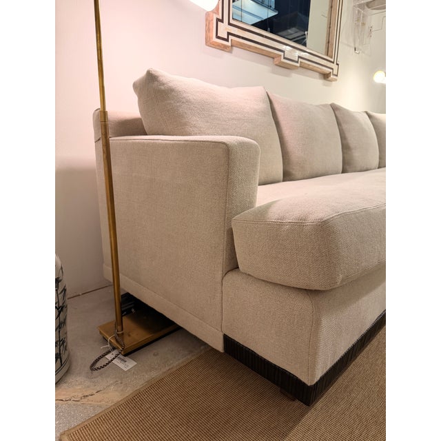 Attributed Baker Greige Sofa With Wood Base For Sale - Image 4 of 5