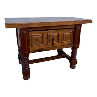 Spanish Carved Wood Side Table with Geometric Decoration and Spiral Legs, 1930 For Sale