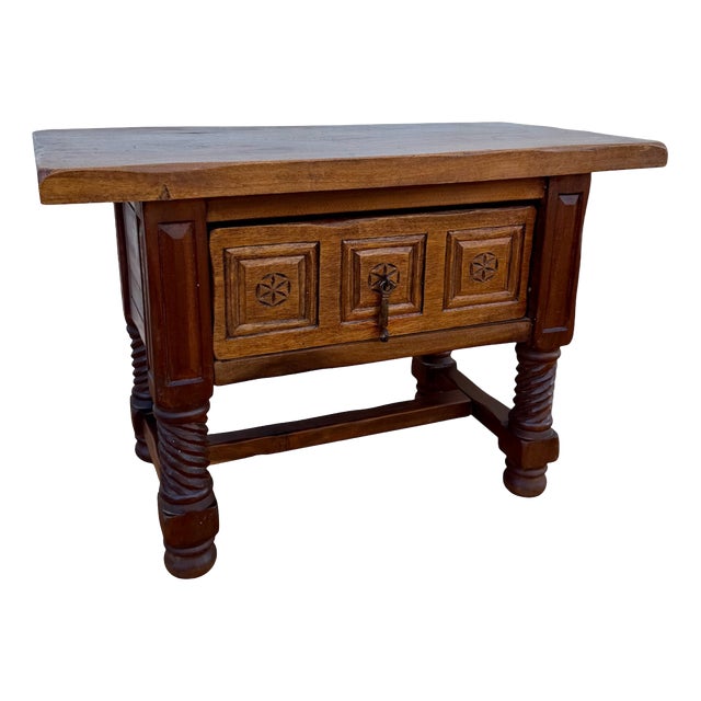 Spanish Carved Wood Side Table with Geometric Decoration and Spiral Legs, 1930 For Sale