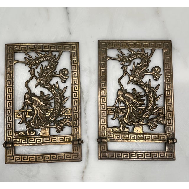 Vintage MidCentury Brass Asian Inspired Greek Key Bookends a Pair