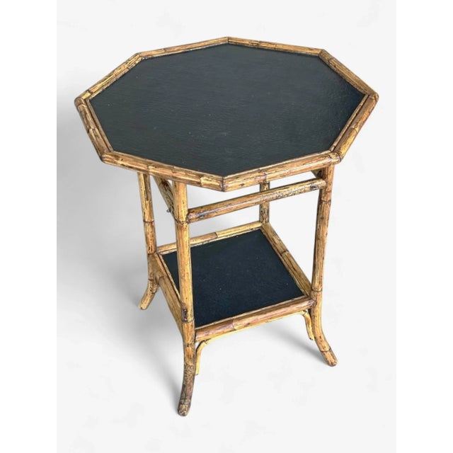 Vintage Coastal Bamboo Octagonal End Table With Black Inset Shelves For Sale - Image 9 of 18