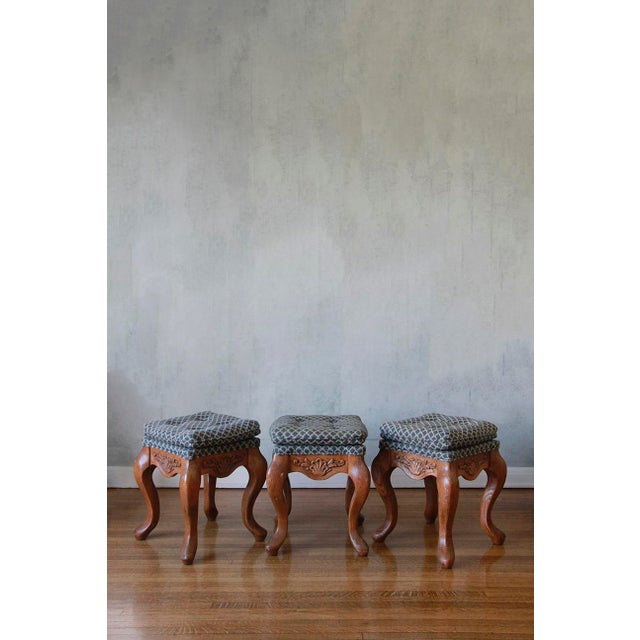 Victorian Set of 3 Antique Hand Carved Solid Walnut Stools With Perfect Upholstery For Sale - Image 3 of 13