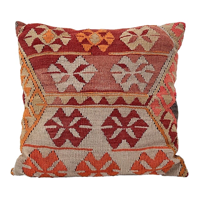 Vintage Turkish Kilim Pillow | Handwoven Wool Decorative Cushion | 16 in X 16 In For Sale