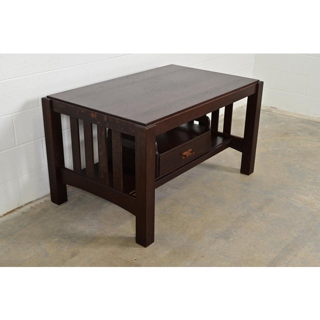 Charles Limbert Limbert Style Antique Mission Oak Arts & Crafts Desk or Library Table, Circa 1910 For Sale - Image 4 of 14