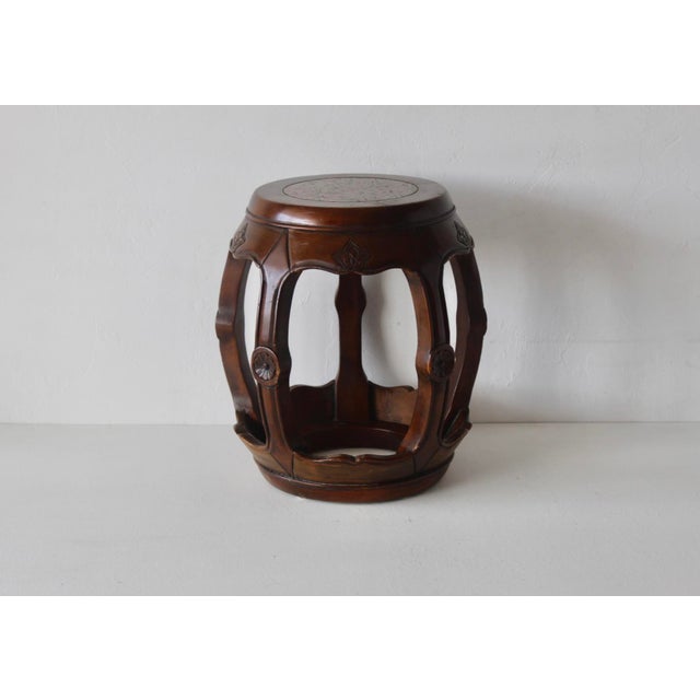 Wood 1980s Asian Carved Wood Barrel Stool Plant Stand With Inset Granite Top Vintage For Sale - Image 7 of 18