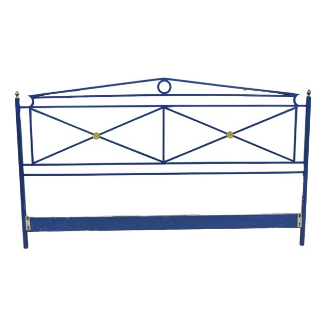 Vintage Italian Neoclassical Wrought Iron & Brass X-Frame King Sz Bed Headboard For Sale