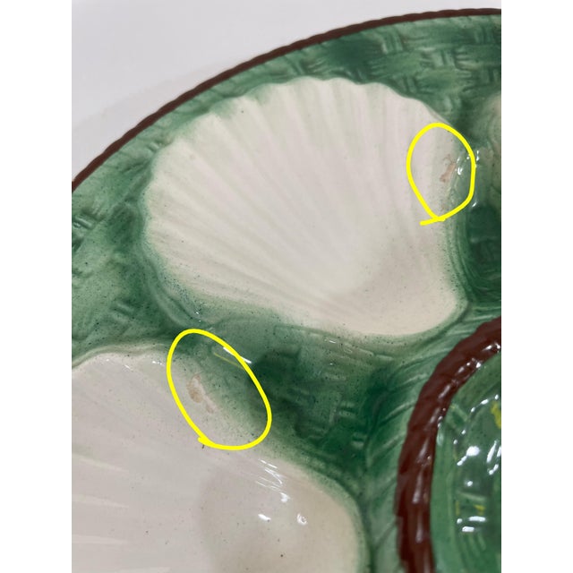 1920s Antique French Longchamp Majolica Green and White Oyster Plate For Sale - Image 12 of 14