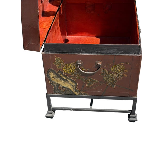 Chinoiserie Painted Chinese Trunk Chest on Stand Table.