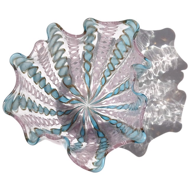 Vintage Murano Blue Pink Copper Aventurine Flecks Zanfirico Ribbons Italian Art Glass Fazzoletto Vase For Sale In Orlando - Image 6 of 8