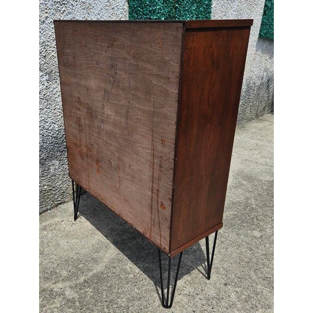 Brown 1970s Wood Cabinet With Glass Sliding Doors and Hairpin Legs For Sale - Image 8 of 12