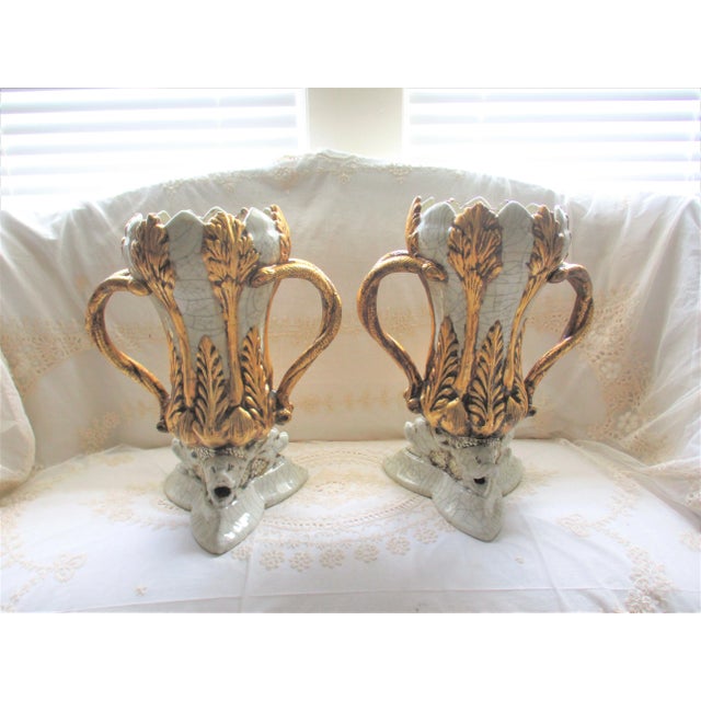 Italian Vintage Italy Dolphin Base & Double Snake Handle Gold & Grey Vases- a Pair For Sale - Image 3 of 13