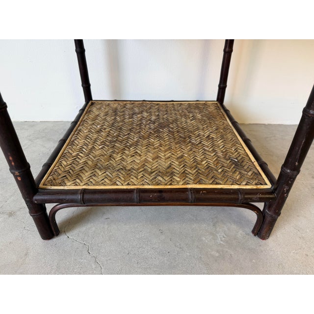 1990s Vintage Palecek Faux Bamboo Carved and Rattan Two-Tier Side Table For Sale - Image 5 of 11