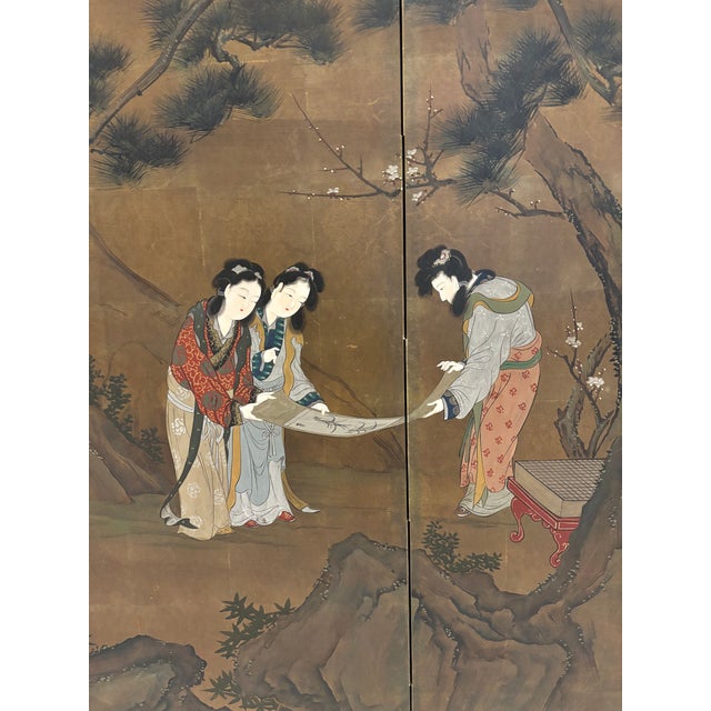 Vintage Japanese Four-Panel Byōbu Screen Female Figures in a Garden Scene For Sale - Image 4 of 18