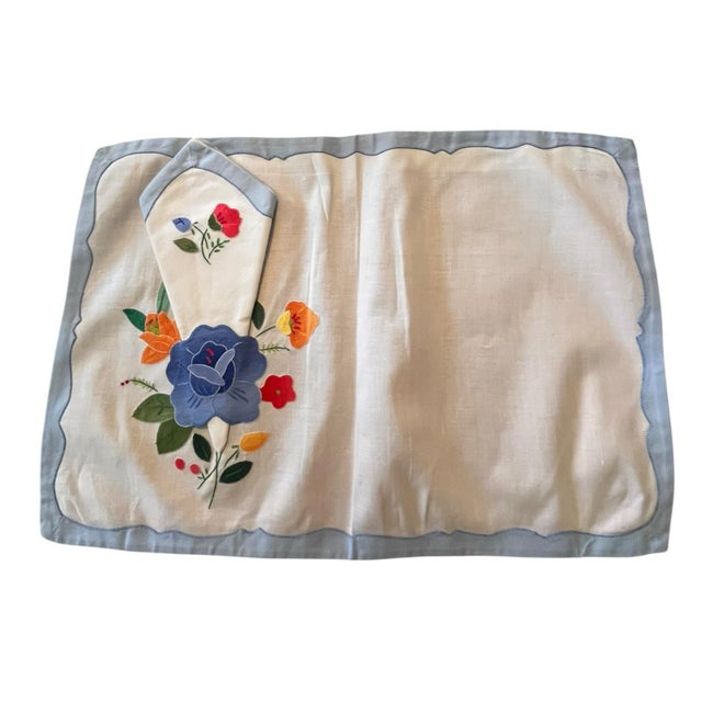Vintage Set of 4 Placemats & Matching Napkins Early to Mid 20th Century Blue Farmhouse Embroidered Tatting Shabby Chic Traditional English Cottage For Sale In Miami - Image 6 of 14