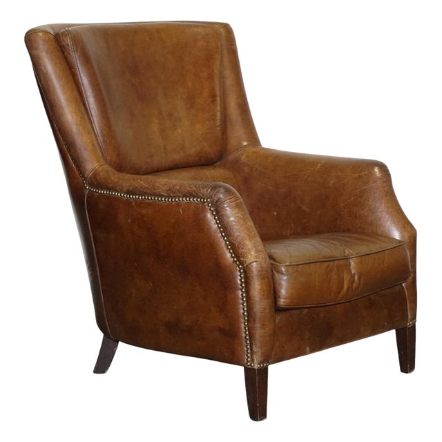 Vintage Brown Heritage Leather Reading Lounge Armchair in the style of Halo and Timothy Oulton For Sale