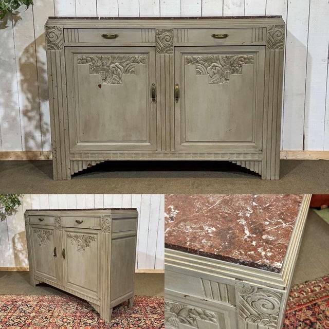 Art Deco sideboard in walnut, oak and marble top - work from the 1930s - W=1.54m D=44cm H=1.10m.