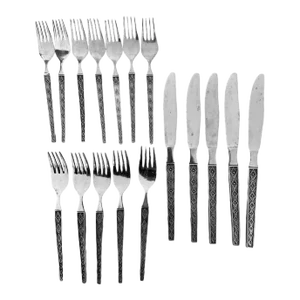 1970s Interpur Stainless Steel Flatware, "Diamonds With Flowers" Pattern, Made in Japan- 17 Pieces