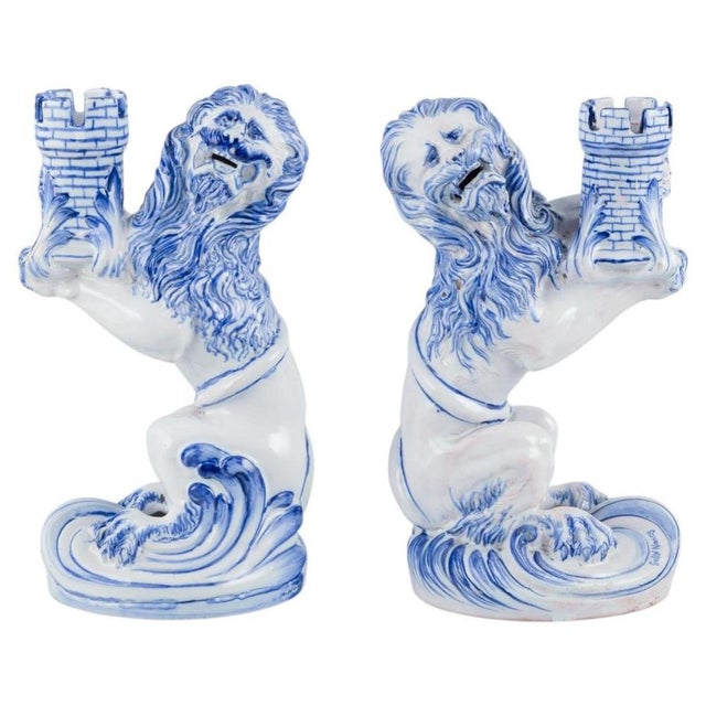Faience Seated Lions Candleholders by Emile Gallé for Nancy, St Clement., Set of 2 For Sale - Image 10 of 10