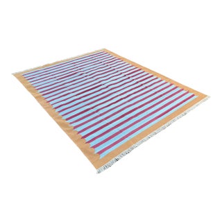 Handmade Cotton Area Rug Vegetable Dyed Sky Blue, Pink and Tan Striped Rug-12'x15' For Sale