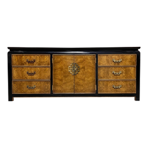 Vintage 1970s Burlwood and Lacquer Chin Hua Lowboy by Raymond Sobota for Century Furniture