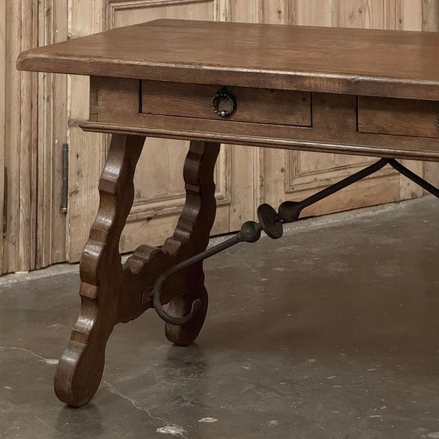 Vintage Spanish Style Two-Drawer Writing Table With Hand-Forged Iron Supports For Sale - Image 10 of 18